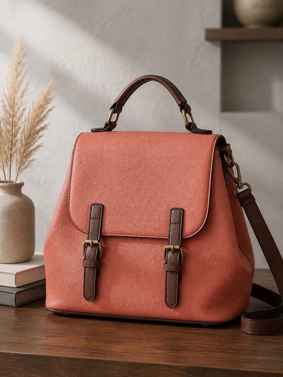Jen & Co Handbags - Jen & Co Convertible Top-Handle Satchel in Coral with Brown Trim